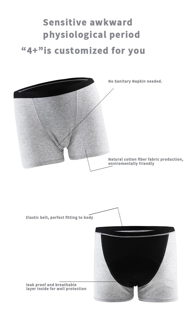 Heavy Flow Menstrual Panties 4-Layer Leak Proof Cotton Boyshorts Period Underwear Absorbent Overnight Incontinence Boxer Briefs