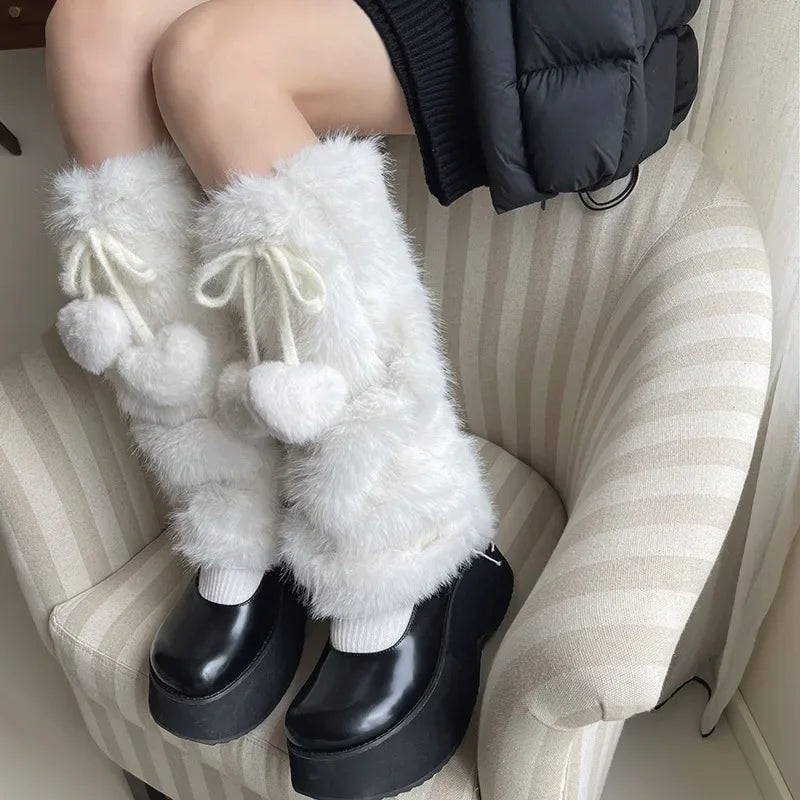 Otter Rabbit Fur Bow Tie Leg Warmers White Ball Winter Warm Thickened Plush Leggings Socks Cold Protective Y2k Boots Cover Socks