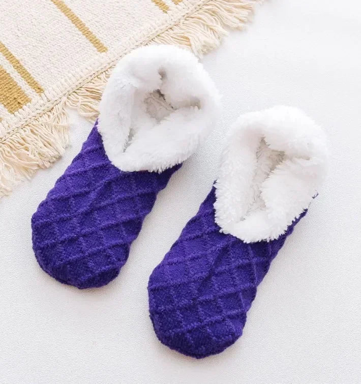Winter Breathable Non-slip Floor Socks Women Fleece Warm Socks Home Girls Plush Candy Color Footprint Ankle Indoor Slippers Sock