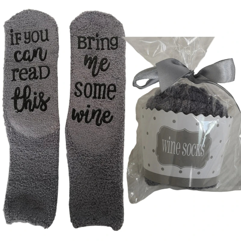 Women Winter Fuzzy Plush Slipper Crew Socks If You Can Read This Bring Me Some Wine Phrase Warm Hosiery Funny Gifts with Cupcake