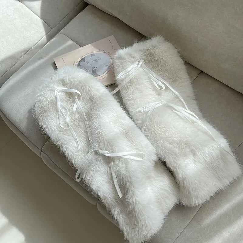 Otter Rabbit Fur Bow Tie Leg Warmers White Ball Winter Warm Thickened Plush Leggings Socks Cold Protective Y2k Boots Cover Socks