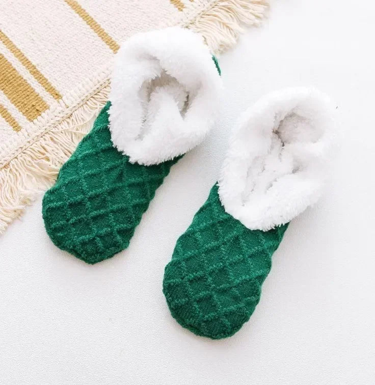 Winter Breathable Non-slip Floor Socks Women Fleece Warm Socks Home Girls Plush Candy Color Footprint Ankle Indoor Slippers Sock