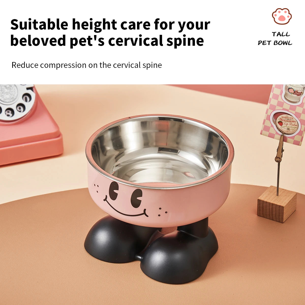 A smiling face high-legged pet bowl, fashionable stainless steel large-capacity dog bowl for feeding and water, neck-protectin