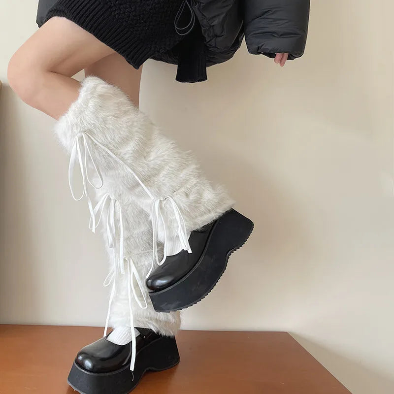 Otter Rabbit Fur Bow Tie Leg Warmers White Ball Winter Warm Thickened Plush Leggings Socks Cold Protective Y2k Boots Cover Socks