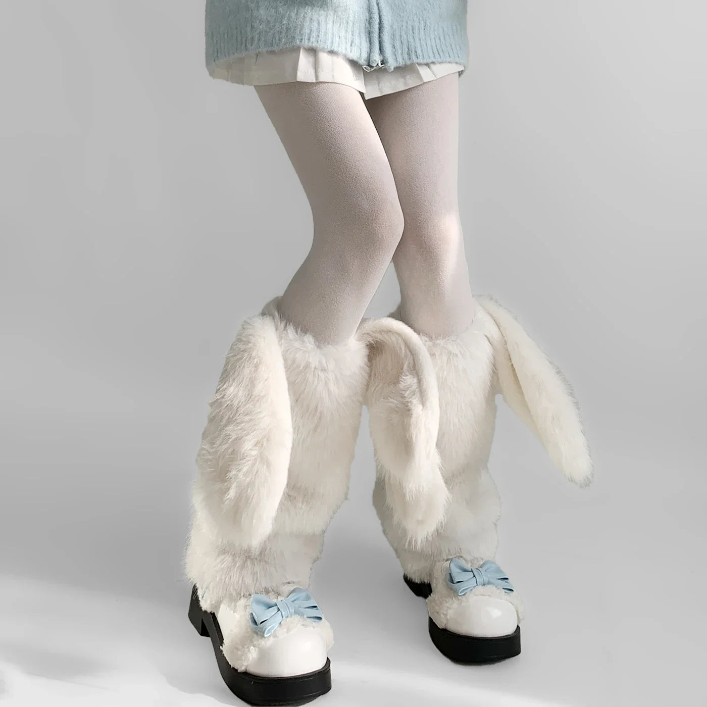 Otter Rabbit Fur Bow Tie Leg Warmers White Ball Winter Warm Thickened Plush Leggings Socks Cold Protective Y2k Boots Cover Socks