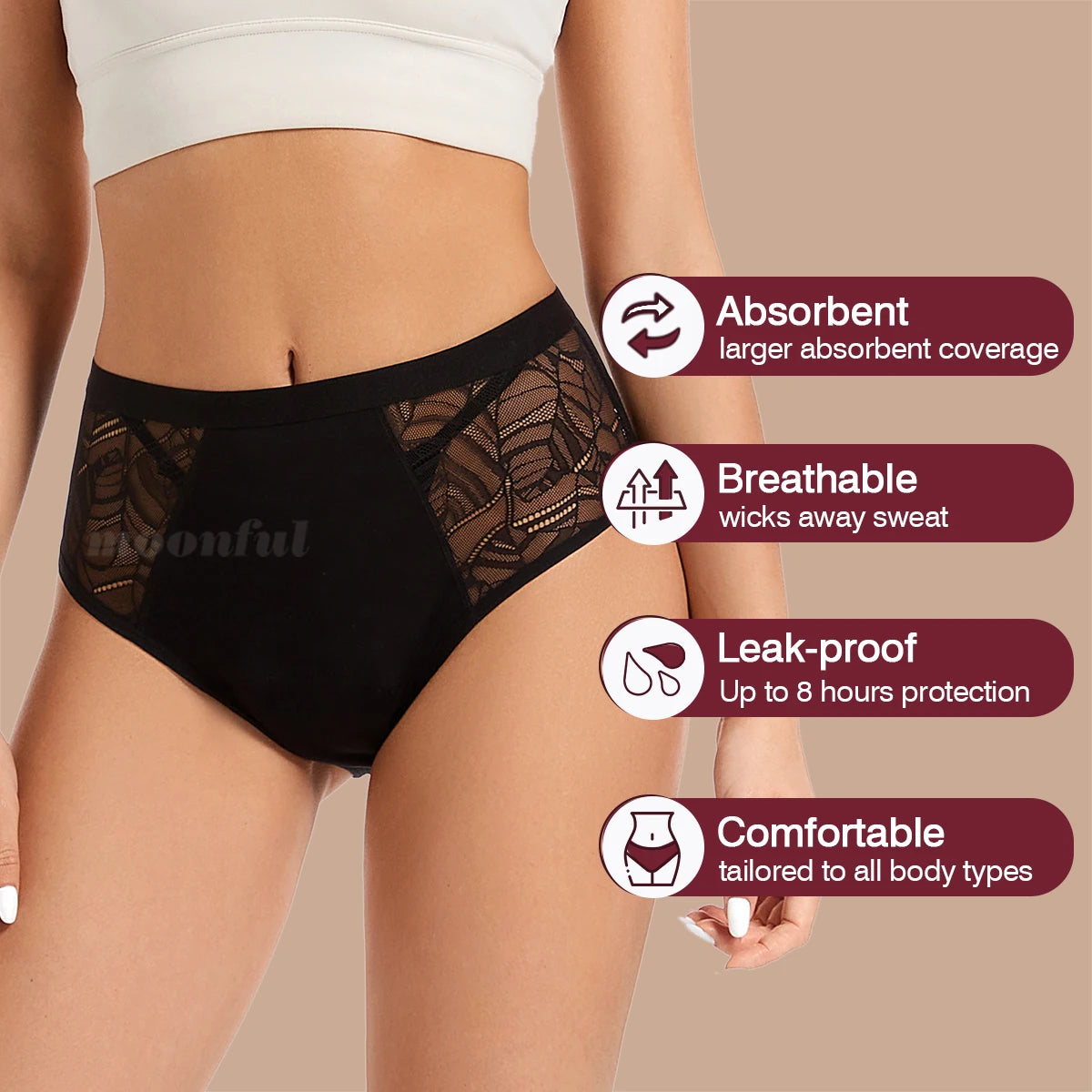 FHP Moonful Women's Menstrual Panties High Waist Leak Proof 4 Layer Breathable Lace Period Underwear Girls Absorbent Brief