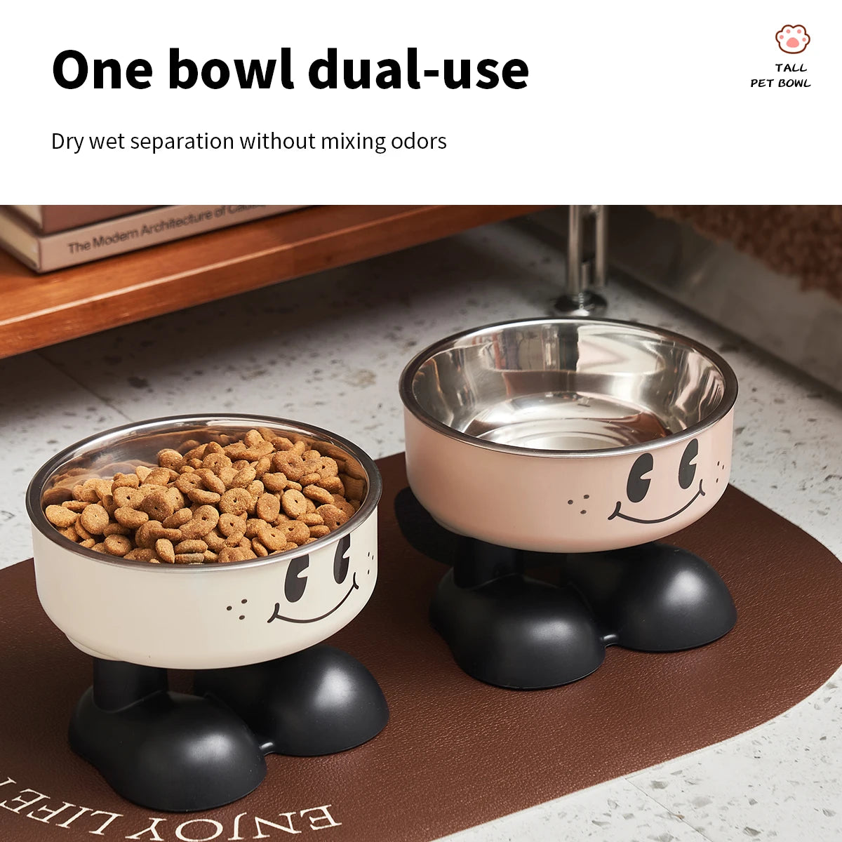 A smiling face high-legged pet bowl, fashionable stainless steel large-capacity dog bowl for feeding and water, neck-protectin