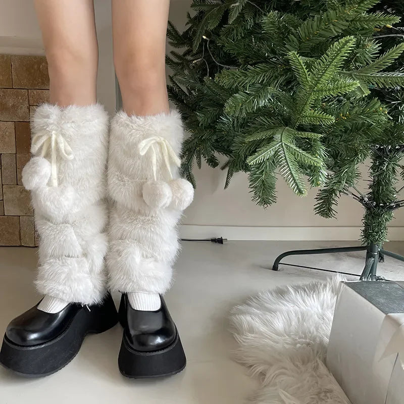 Otter Rabbit Fur Bow Tie Leg Warmers White Ball Winter Warm Thickened Plush Leggings Socks Cold Protective Y2k Boots Cover Socks
