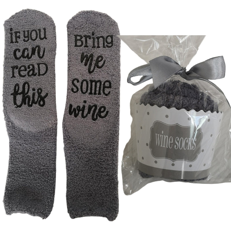 Women Winter Fuzzy Plush Slipper Crew Socks If You Can Read This Bring Me Some Wine Phrase Warm Hosiery Funny Gifts with Cupcake