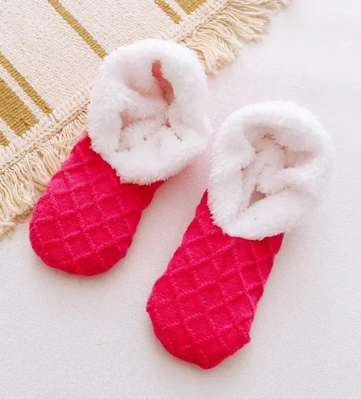 Winter Breathable Non-slip Floor Socks Women Fleece Warm Socks Home Girls Plush Candy Color Footprint Ankle Indoor Slippers Sock