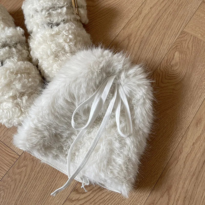 Otter Rabbit Fur Bow Tie Leg Warmers White Ball Winter Warm Thickened Plush Leggings Socks Cold Protective Y2k Boots Cover Socks