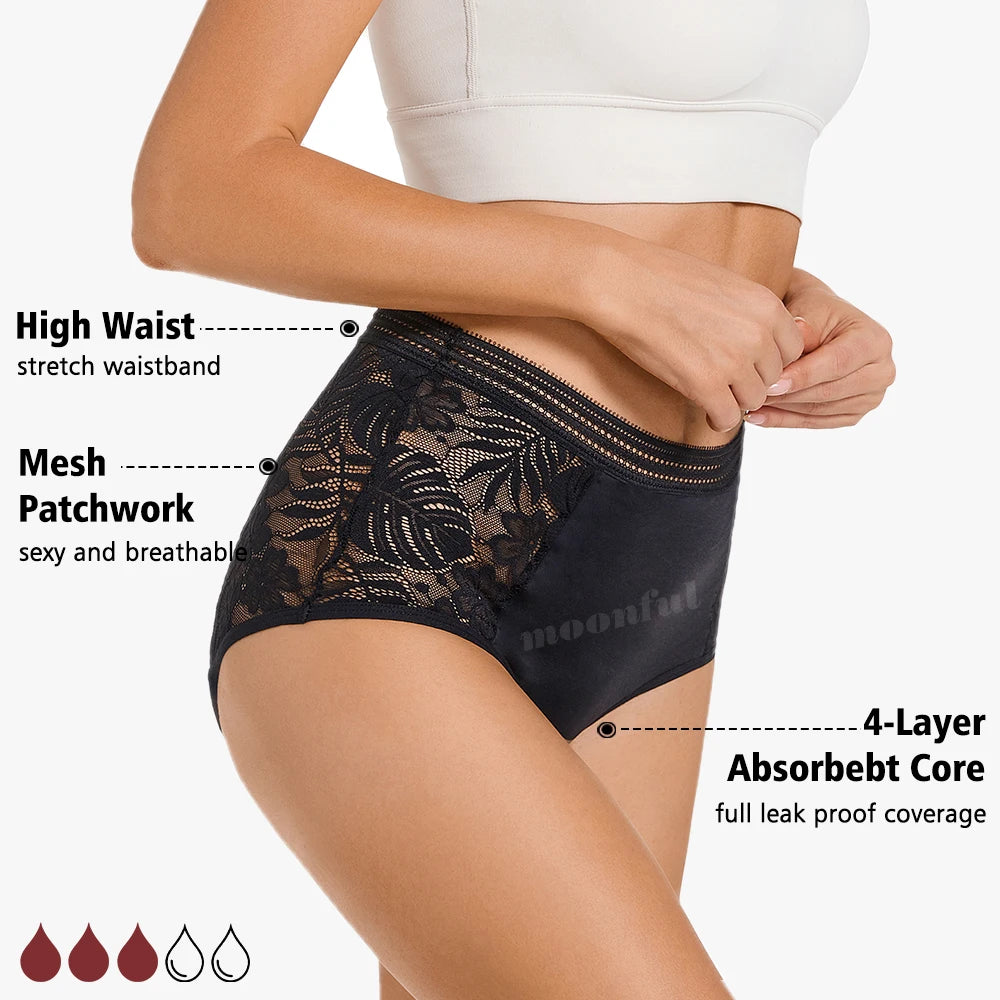 FHP High Waist Period Underwear Lace Mesh Menstrual Panties Women Menstrual Cycle Absorbent Underwear Girl Panties for Monthly