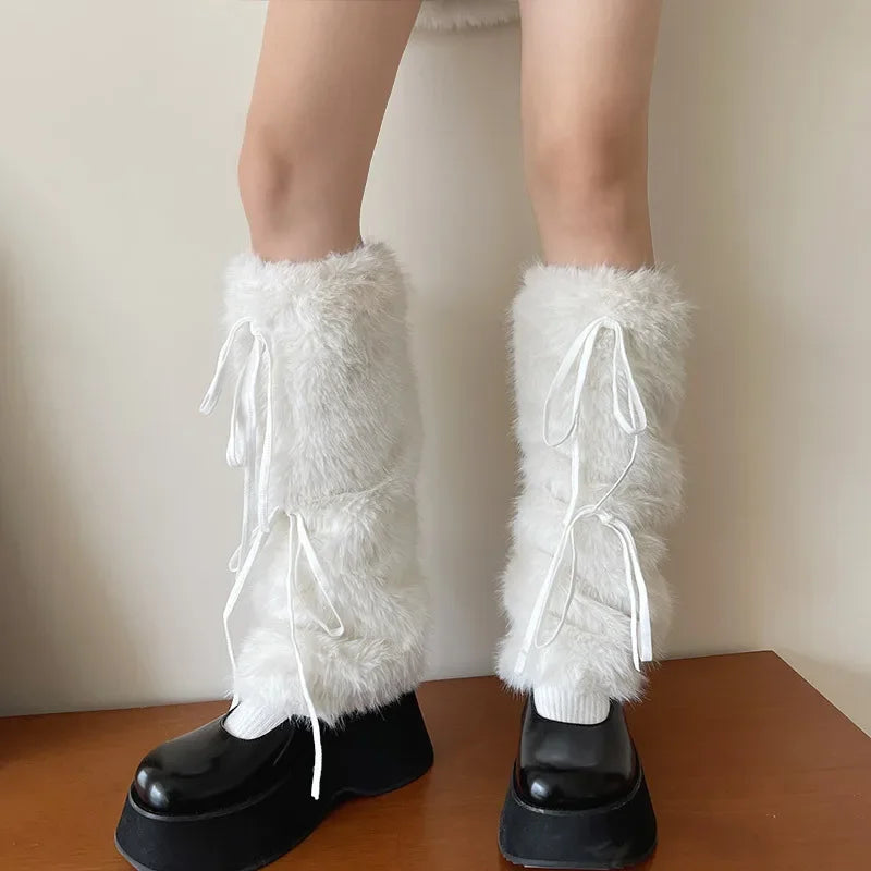 Otter Rabbit Fur Bow Tie Leg Warmers White Ball Winter Warm Thickened Plush Leggings Socks Cold Protective Y2k Boots Cover Socks