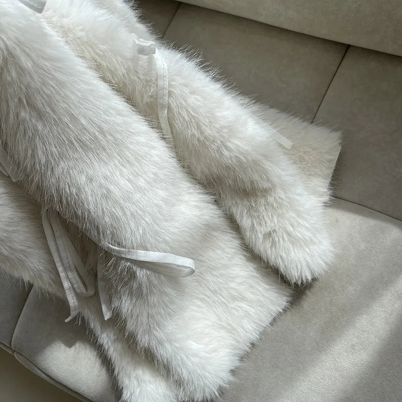 Otter Rabbit Fur Bow Tie Leg Warmers White Ball Winter Warm Thickened Plush Leggings Socks Cold Protective Y2k Boots Cover Socks