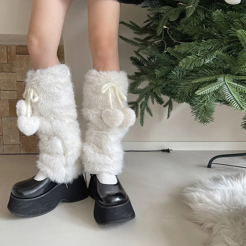 Otter Rabbit Fur Bow Tie Leg Warmers White Ball Winter Warm Thickened Plush Leggings Socks Cold Protective Y2k Boots Cover Socks