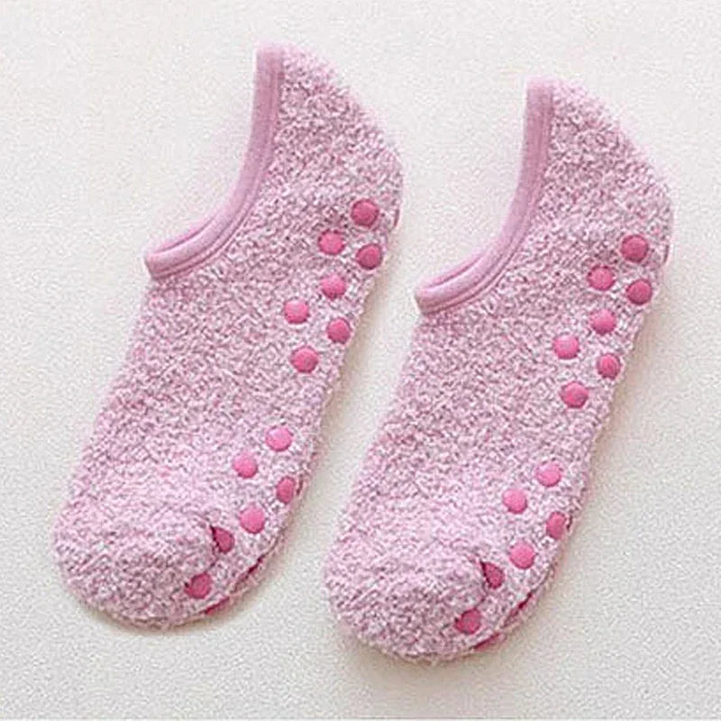 Winter Breathable Non-slip Floor Socks Women Fleece Warm Socks Home Girls Plush Candy Color Footprint Ankle Indoor Slippers Sock