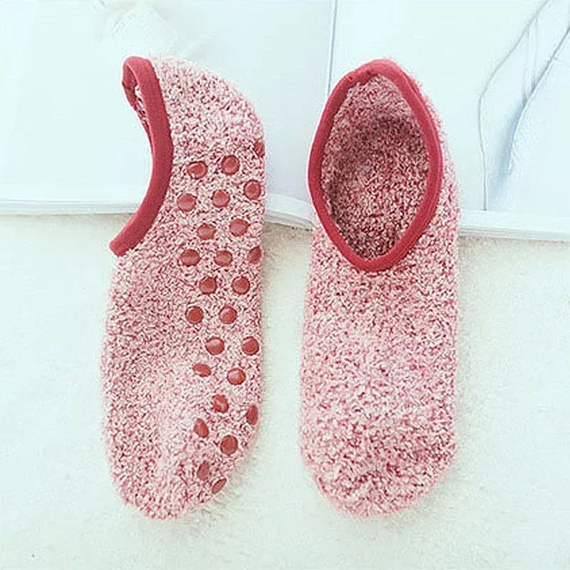 Winter Breathable Non-slip Floor Socks Women Fleece Warm Socks Home Girls Plush Candy Color Footprint Ankle Indoor Slippers Sock