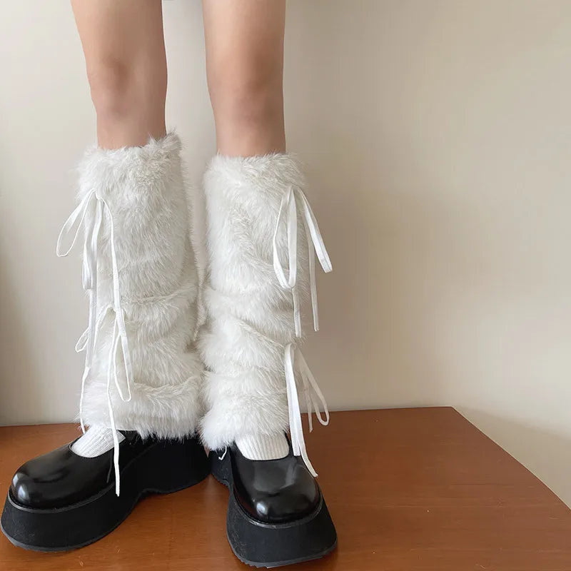 Otter Rabbit Fur Bow Tie Leg Warmers White Ball Winter Warm Thickened Plush Leggings Socks Cold Protective Y2k Boots Cover Socks
