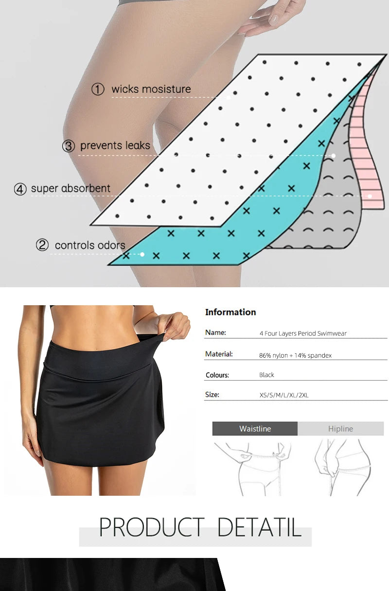 FHP Women Period Swimming Skirt With Safety Panty Swimwear High Waisted Black Bikini Bottom Vintage Skirt Tankini Swimming Dresses