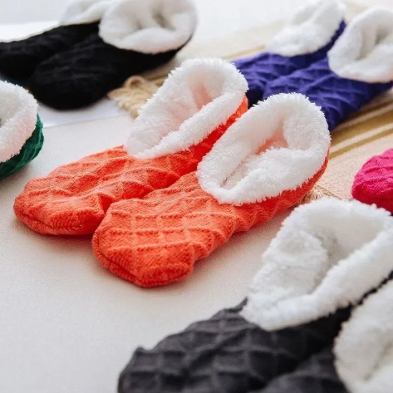 Winter Breathable Non-slip Floor Socks Women Fleece Warm Socks Home Girls Plush Candy Color Footprint Ankle Indoor Slippers Sock