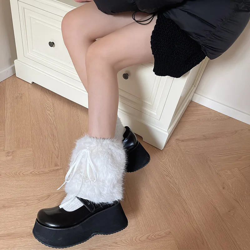 Otter Rabbit Fur Bow Tie Leg Warmers White Ball Winter Warm Thickened Plush Leggings Socks Cold Protective Y2k Boots Cover Socks