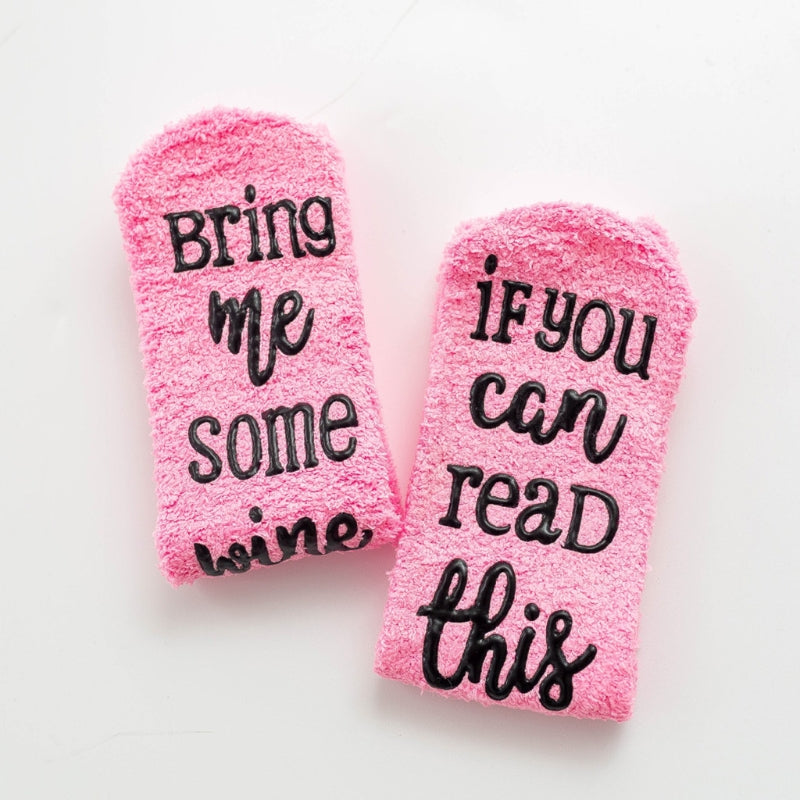 Women Winter Fuzzy Plush Slipper Crew Socks If You Can Read This Bring Me Some Wine Phrase Warm Hosiery Funny Gifts with Cupcake