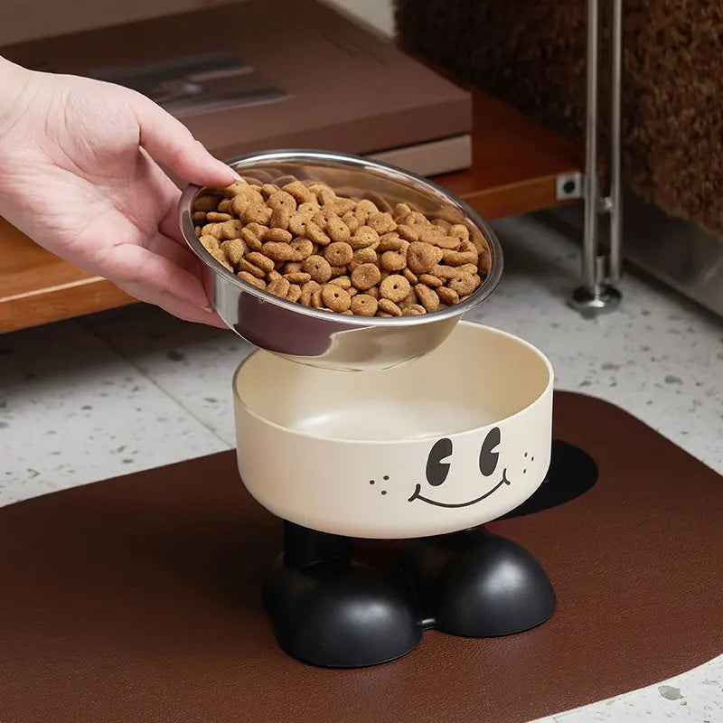 A smiling face high-legged pet bowl, fashionable stainless steel large-capacity dog bowl for feeding and water, neck-protectin