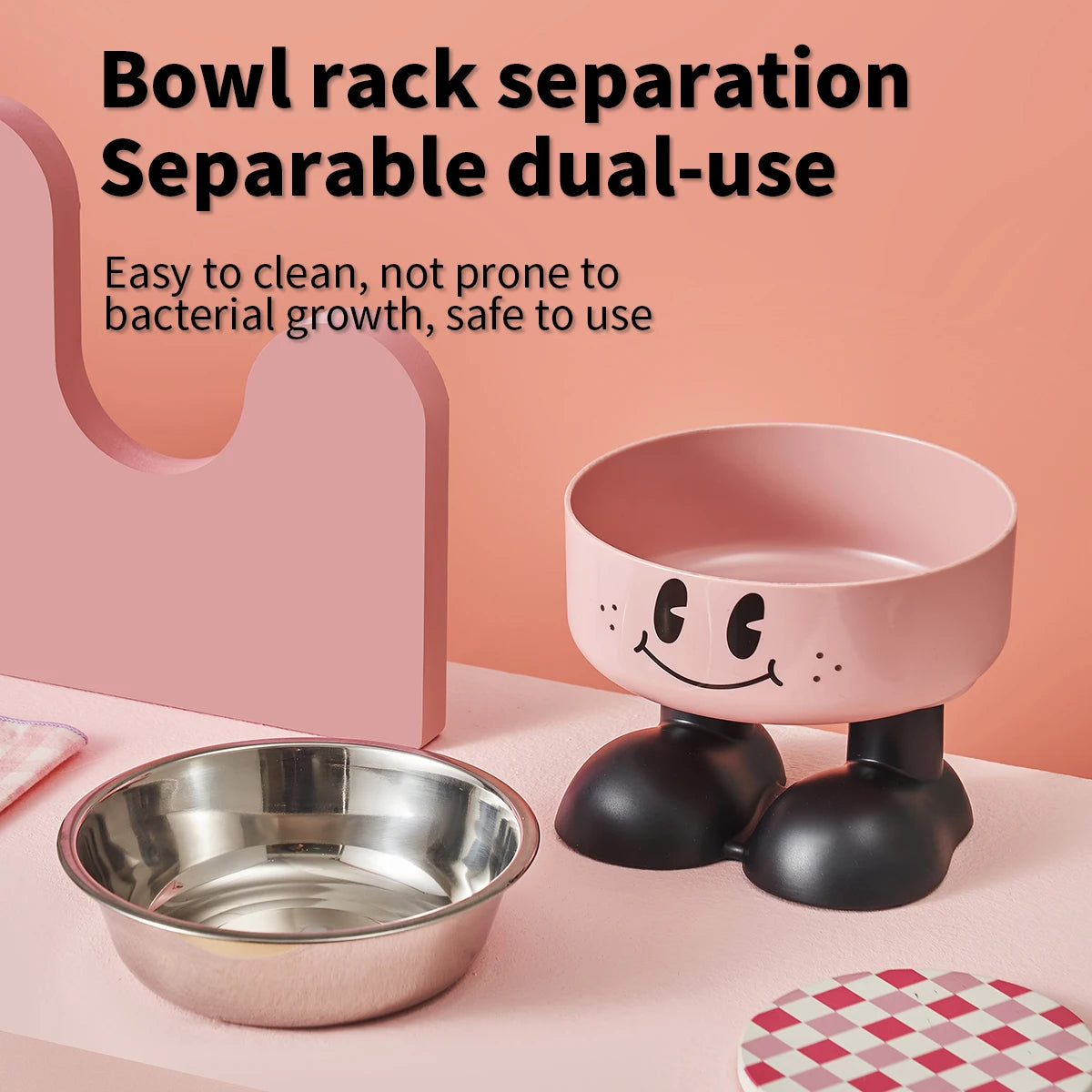 A smiling face high-legged pet bowl, fashionable stainless steel large-capacity dog bowl for feeding and water, neck-protectin