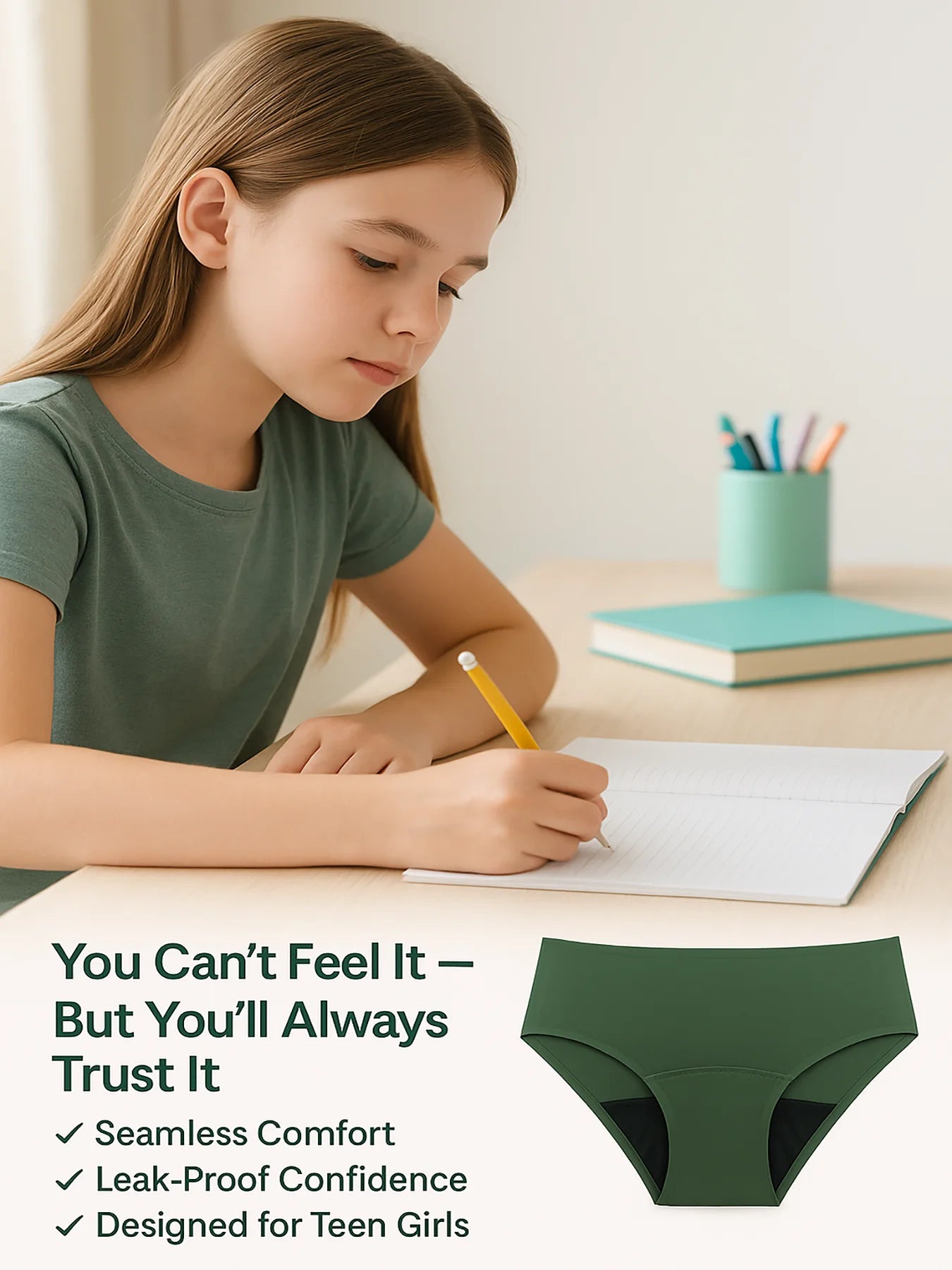 Teen Girls’ 3 Pack Seamless Period Underwear Leakproof, No-Show Bikini Briefs with Cotton Gusset for Heavy Flow Protection