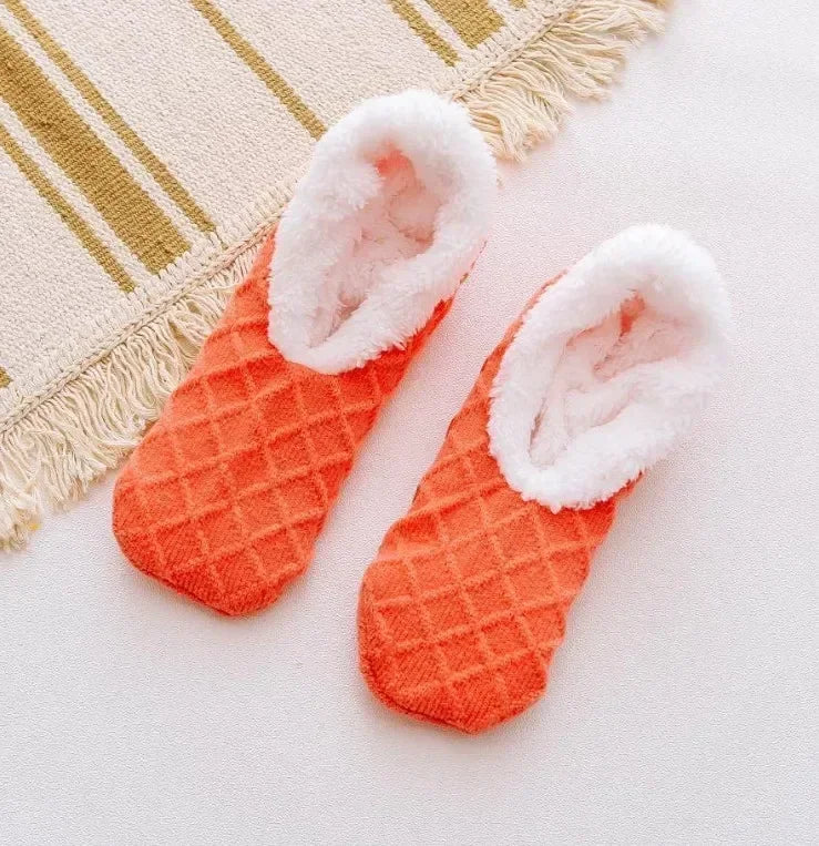 Winter Breathable Non-slip Floor Socks Women Fleece Warm Socks Home Girls Plush Candy Color Footprint Ankle Indoor Slippers Sock