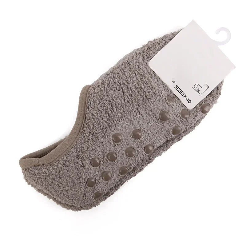 Winter Breathable Non-slip Floor Socks Women Fleece Warm Socks Home Girls Plush Candy Color Footprint Ankle Indoor Slippers Sock