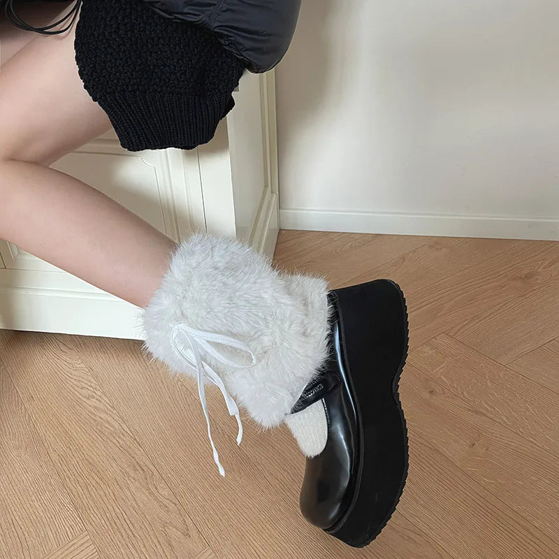 Otter Rabbit Fur Bow Tie Leg Warmers White Ball Winter Warm Thickened Plush Leggings Socks Cold Protective Y2k Boots Cover Socks