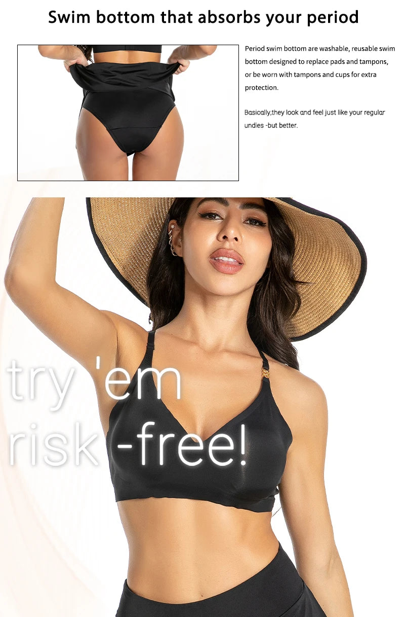 FHP Women Period Swimming Skirt With Safety Panty Swimwear High Waisted Black Bikini Bottom Vintage Skirt Tankini Swimming Dresses