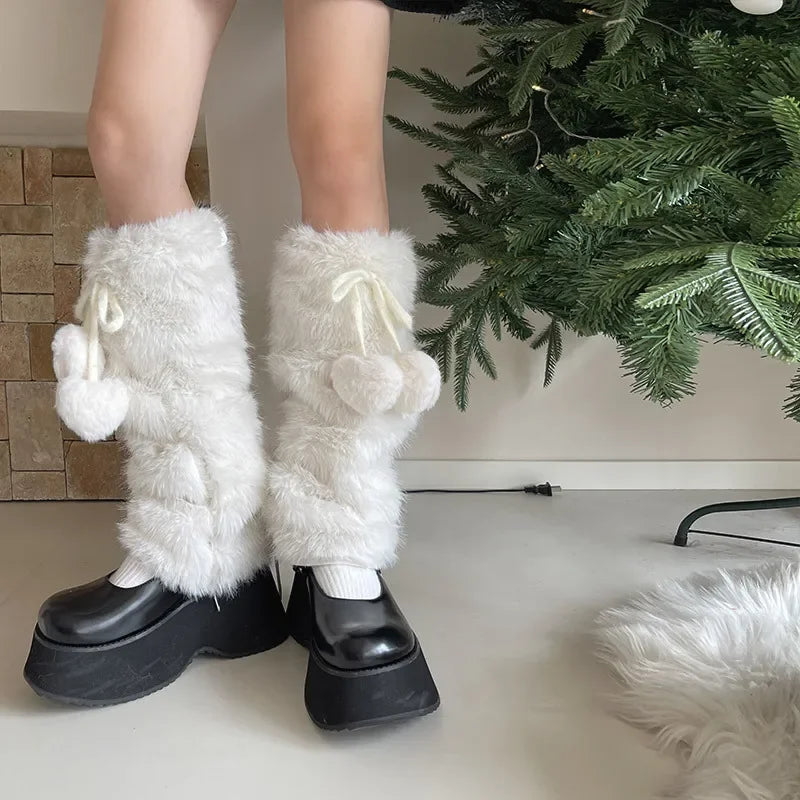 Otter Rabbit Fur Bow Tie Leg Warmers White Ball Winter Warm Thickened Plush Leggings Socks Cold Protective Y2k Boots Cover Socks