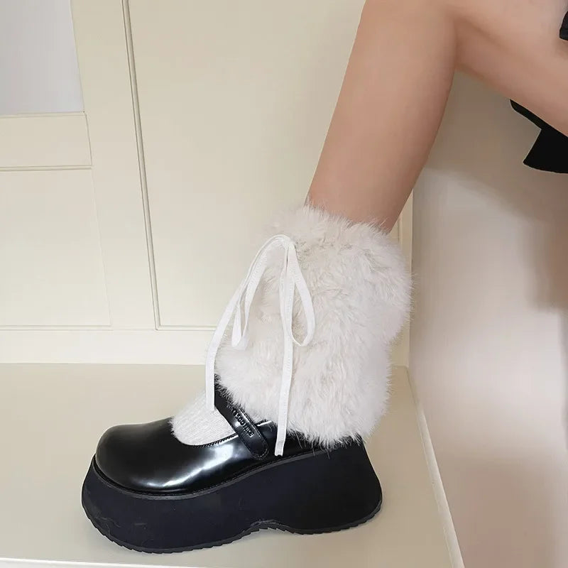 Otter Rabbit Fur Bow Tie Leg Warmers White Ball Winter Warm Thickened Plush Leggings Socks Cold Protective Y2k Boots Cover Socks