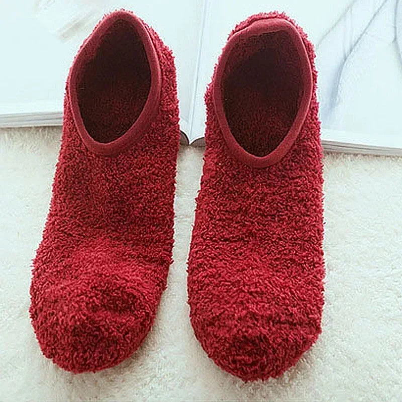 Winter Breathable Non-slip Floor Socks Women Fleece Warm Socks Home Girls Plush Candy Color Footprint Ankle Indoor Slippers Sock