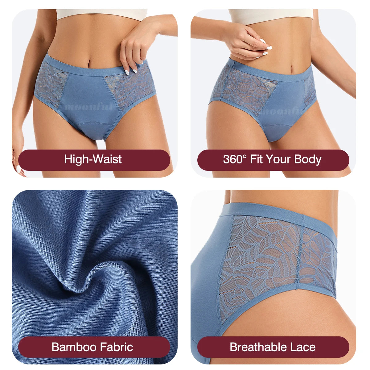 FHP Moonful Women's Menstrual Panties High Waist Leak Proof 4 Layer Breathable Lace Period Underwear Girls Absorbent Brief