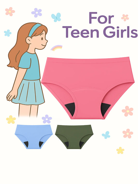 Teen Girls’ 3 Pack Seamless Period Underwear Leakproof, No-Show Bikini Briefs with Cotton Gusset for Heavy Flow Protection