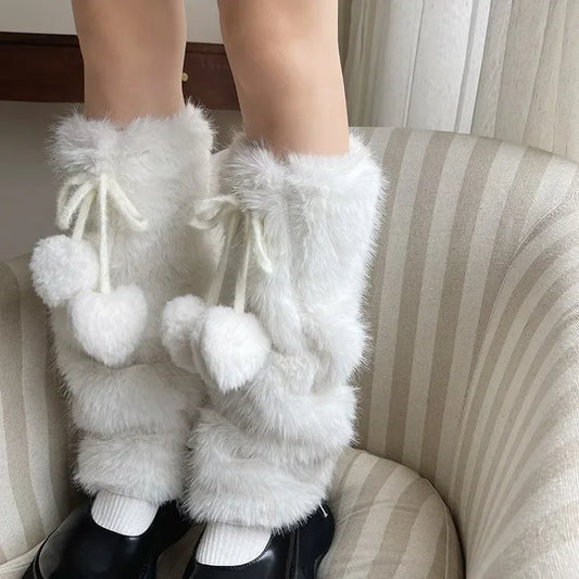 Otter Rabbit Fur Bow Tie Leg Warmers White Ball Winter Warm Thickened Plush Leggings Socks Cold Protective Y2k Boots Cover Socks