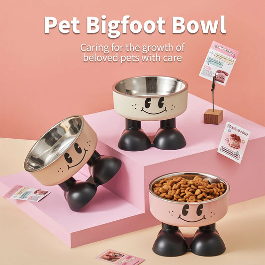 A smiling face high-legged pet bowl, fashionable stainless steel large-capacity dog bowl for feeding and water, neck-protectin