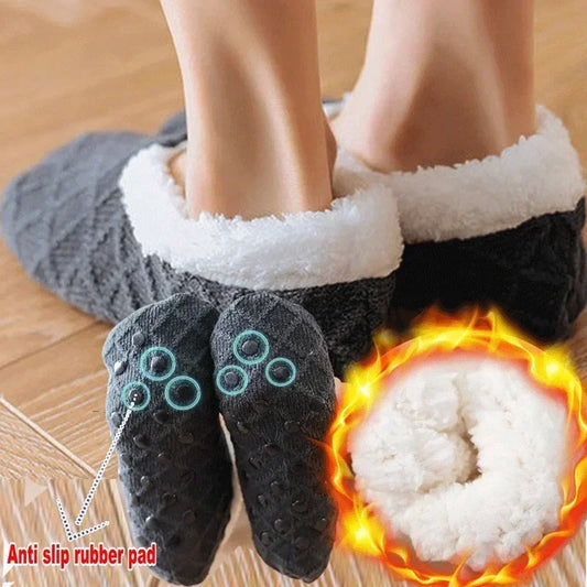 Winter Breathable Non-slip Floor Socks Women Fleece Warm Socks Home Girls Plush Candy Color Footprint Ankle Indoor Slippers Sock